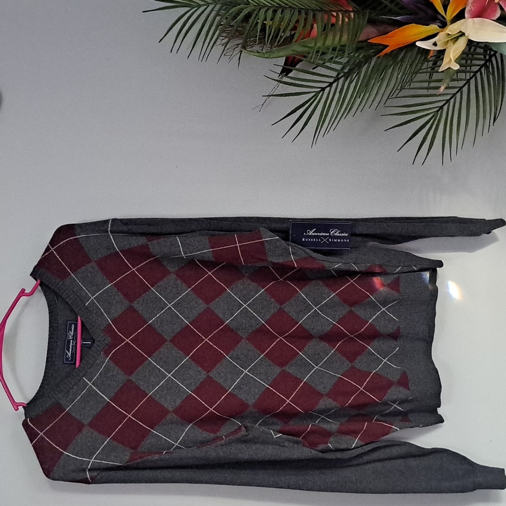 American Classic Russell Simmons Argyle Gray/Burgundy V-NECK Sweater Top P25 L27